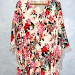 Sugar Lips Bright Colorful Floral V-Neck Lace Trim Bell Sleeve Tunic Dress Small Photo 2