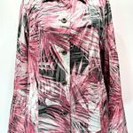 Chico's Chico’s Pink Gray & Ivory Leaves Satin Cotton Blend Button Front Shirt Jacket Photo 0