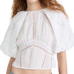 frame denim Frame Small Inset Lace Gathered Seam Top White Puff Sleeve Semi-Sheer Cropped Photo 0