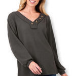 Zenana  Brushed Waffle V Neck Button Detail Sweater Charcoal Photo 0