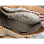 Michael Kors Tote Bag Cognac Leather Gold Tone MK Logo Shoulder Bag Laptop Carry Photo 10