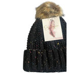 Jessica Simpson Beanie Hat Womens OS Knit Faux Fur Pom Pom Speckled Black NWT Photo 1