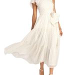 Lulus Shining Sight Midi Dress S White Metallic Gold Dotted One Shoulder Tiered Photo 0