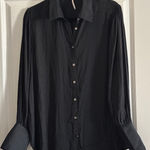 Free People  Pinstripe Button Down Shirt Wide Cuff Navy Blue Photo 0