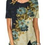 Miss Look  Blue Yellow Floral V Neck Women Medium Short Sleeve Petal High … Photo 0