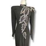Black Pave Silk Beaded Long Sleeve Maxi Evening Gown Silver Leaf Size 4 Formal Photo 1