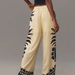 Farm Rio Anthropologie Martina Wide Leg Pants Floral Print Cream Black Sz Medium Photo 3