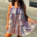 Southern Fried Chicks NWT SFC Lavender Gold Metallic Animal Leopard Print Ruffled Tiered Dress L Photo 0