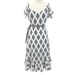 Sandro  Womens US 4 Illa Midi Dress Striped Lace Cold‎ Ruffle Shoulder Blue White Photo 2