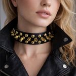Source Unknown Edgy Punk Rock Spiked Choker Necklace Black Faux Leather with Gold-Tone Studs Photo 0