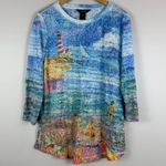 Ali Miles Top Womens S Blue Beach Print Burn Out Crinkle Knit Artsy Tunic Blouse Photo 0