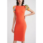 Desigual  Puff Sleeve Cutout Back Knit Midi Dress Red Orange Multicolor M Photo 1