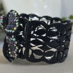 Vintage Wide Black Metal Bracelet with Jeweled Orchid Flower Purple Photo 4