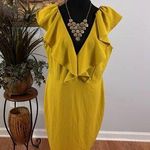 Symphony Women 1XL Yellow Sheath dress Ruffle Sleeveless Zipper Back Deep V-Neck Photo 0