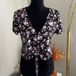 SheIn Women’s Short Sleeve Lettuce Trim Drawstring Knot Hem Floral Crop Top XL Photo 0