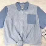 VINTAGE Deadstock 80s 90s Cropped Button Down Shirt Tie Waist‎ Boxy Size XL New Blue Photo 2