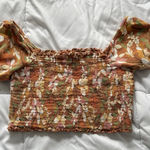 Aerie Smocked Orange Floral Square Neck Puff Sleeve Cropped Top Blouse Womens S Photo 0