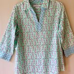 Foxcroft Sz 6 Seahorse Wrinkle Free Fitted Shaped Shirt V Neck Turquoise Blouse Photo 7