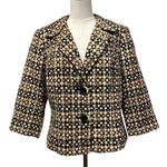 Sigrid Olsen ‎ Wool Blazer Lined geometric Plaid Black Brown Preppy Secretary L Photo 0