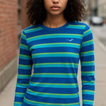 Hollister Y2K  Striped Long Sleeve‎ Shirt Blue Green Cotton Modal Top Size Small Photo 0