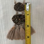 Long Gold Tone Necklace with Brown Rhinestone and Tan Tassels Brown Photo 2
