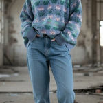 Pierre Cardin VINTAGE 80’s Blue and Green Bunny print Mock Neck Sweater Size XL Photo 0