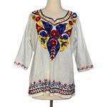 OMJA WORLD Mexican Embroidered Peasant Blouse Floral Ethnic Authentic Top Sz L White Size L Photo 1