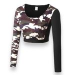 Womens Camo Crop Top Sm Long Sleeve Elastic Band Green Tan Camouflage Activewear Black Photo 3
