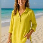 Ellen Tracy 100% Linen Popover Tunic Blouse Top Size XL Neon Yellow Long Sleeve Beach Work Photo 0