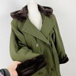 Larry Levine VTG Double Breasted Maxi Long Trench Coat Green Hooded faux Fur M Photo 7