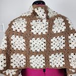 Handmade New Crochet Granny Square Shawl Wrap Fringes Brown Speckled Cream Photo 9