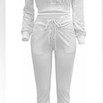 Long Sleeve Two Piece Outfit Tracksuit Lace Up Off Shoulder Casual Sweatsuit White Size undefined Photo 2