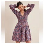 Boden Smocked Bodice Mini Dress Size 12L Blue Floral Long Sleeve Boho Preppy Photo 2