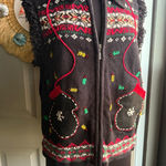 Vintage 90s Studio Joy winter mittens holiday fringe knit sweater vest, size XL Red Photo 0