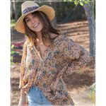 Natural Life Large XL Retro 70s Bohemian Gauze Floral Tunic Neutral Billowy Photo 5