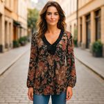 Bandolino Crochet SZ 14 Top Black Flower Tunic Boho Y2K Long Sleeve Pleated Photo 1