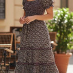 Anthropologie CAARA Smocked tiered Midi dress puff sleeves Ditsy floral Sz M Romantic chic Photo 0