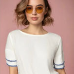 Polagram ‎ Women's White Bell Sleeve Blouse Blue Stripe Trim Size Small Photo 0