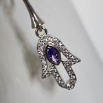 Silver Steel with Purple / Clear Zirconia Hamsa Hand Huggie Hoop Earrings Photo 3