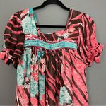 Handmade Muumuu Dress Zebra Tiger Stripes Puffed Sleeve Midi Embellished Pink Size M Photo 2