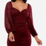 B Darlin B. Darlin Ruched Bodycon Dress Mesh Long Sleeve Sweetheart Neckline Burgundy XS Photo 0