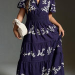 Anthropologie  Somerset Blue Embroidered Tiered Short Sleeve Maxi Dress L Photo 0