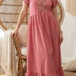 Blueberi Boulevard Embroidered Milk Maid Dress Coral Pink Puff Sleeve Ruffle Hem Size XL Photo 0