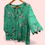 Cute Tahari Woman 1X avocado cherry blossom flowy 3/4 sleeve top v Photo 1