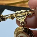Avon Cupid Dangle Locket Brooch Pin Gold Tone Heart Arrow Rhinestone Faux Pearl Photo 4