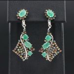 STERLING SILVER 925 LATCH BACK GENUINE EMERALD W/MULTI COLOR SAPPHIRE EARRINGS Green Photo 5