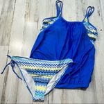None Chevron Blouson Tankini Set Adjustable Spaghetti Straps Tie-Side Bottoms Photo 2