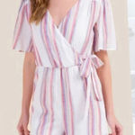 Harper  Heritage faux wrap Striped White Linen blend Romper size small Photo 0