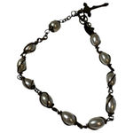 Religious Cross Charm Bracelet Pearl Beads Antique Brass Tone Link Chain Silver Photo 0