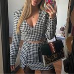 ZARA  Houndstooth Cropped Blazer Jacket Black White Crystal Safety Pins Medium M Photo 2